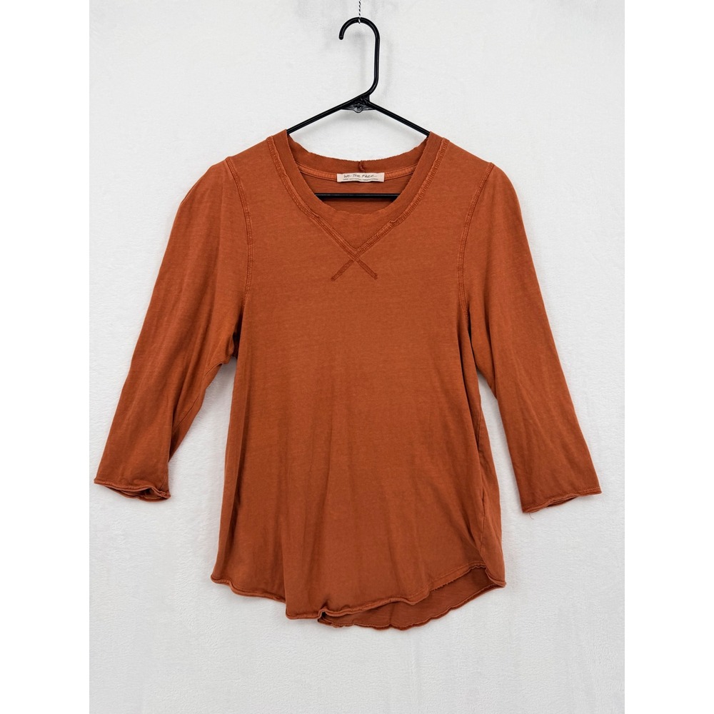 We The Free Clover Puff Shoulder Top L Rust Orange Cotton 3/4 Sleeve Boho Basic